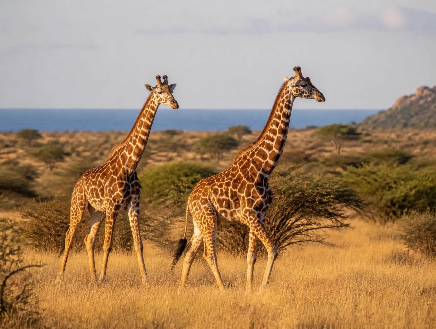 Giraffes grazing in the free-roaming wildlife sanctuary on the 2,500-acre Vipingo Ridge estate, Kenya