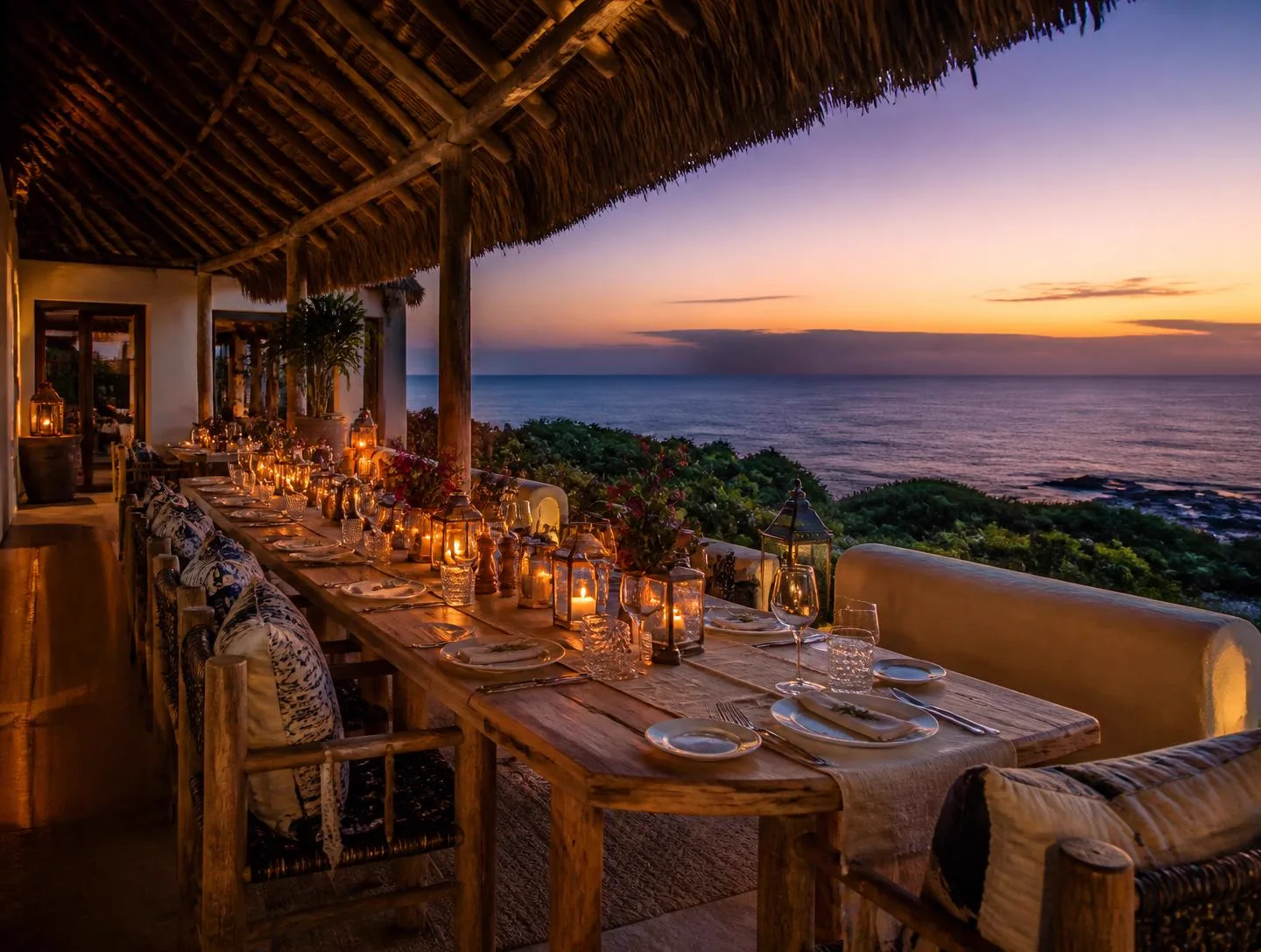 Al-fresco dining table set for dinner on the outdoor entertaining terrace at Coral Retreat, Vipingo Ridge